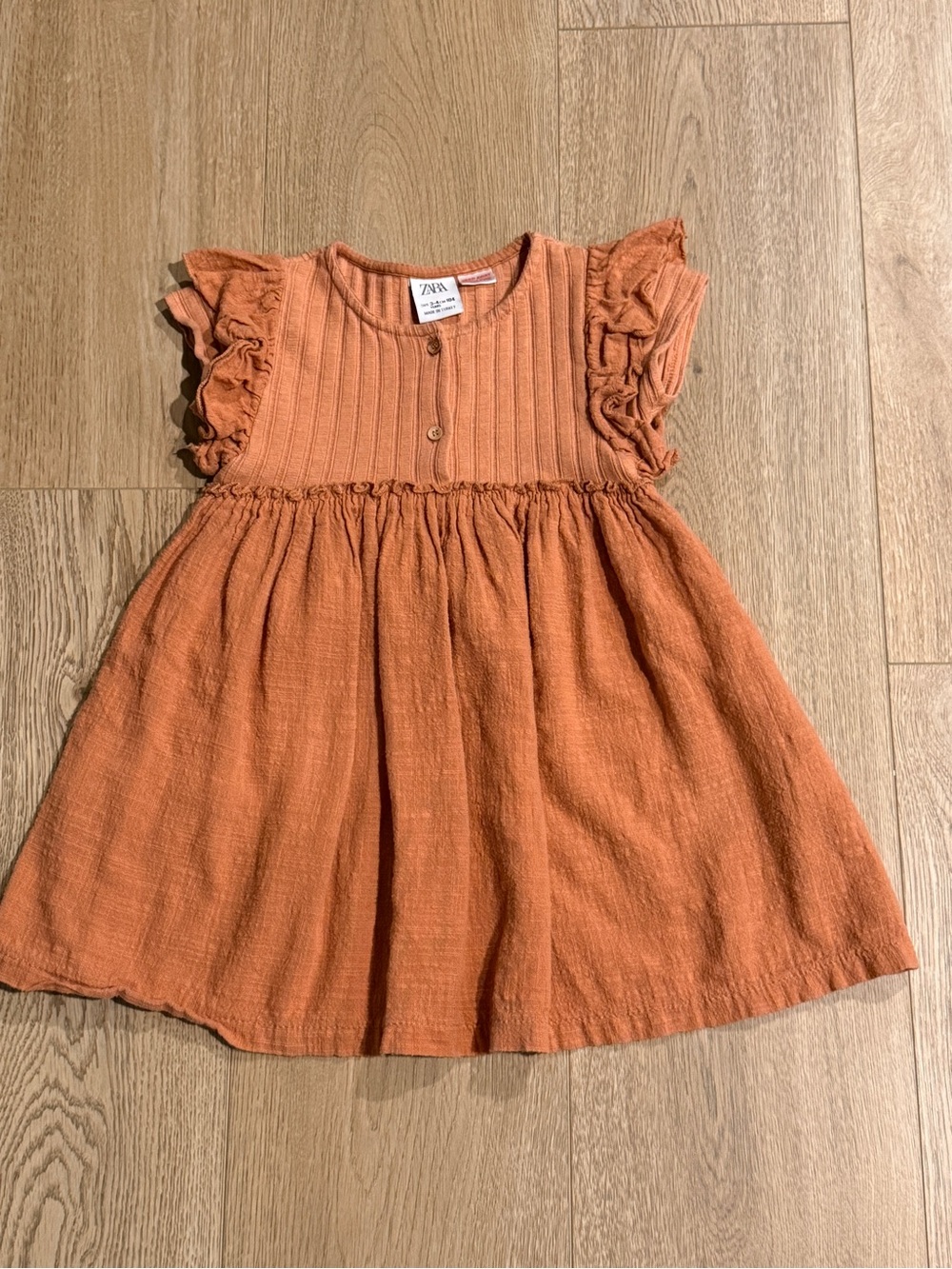 Zara Girls Dress Rust Orange Ruffle Sleeve Button Front Cotton